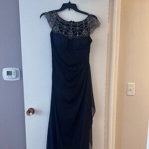 Macy's Beaded Navy Formal Floor Length Wedding Guest Evening Black-Tie Dress